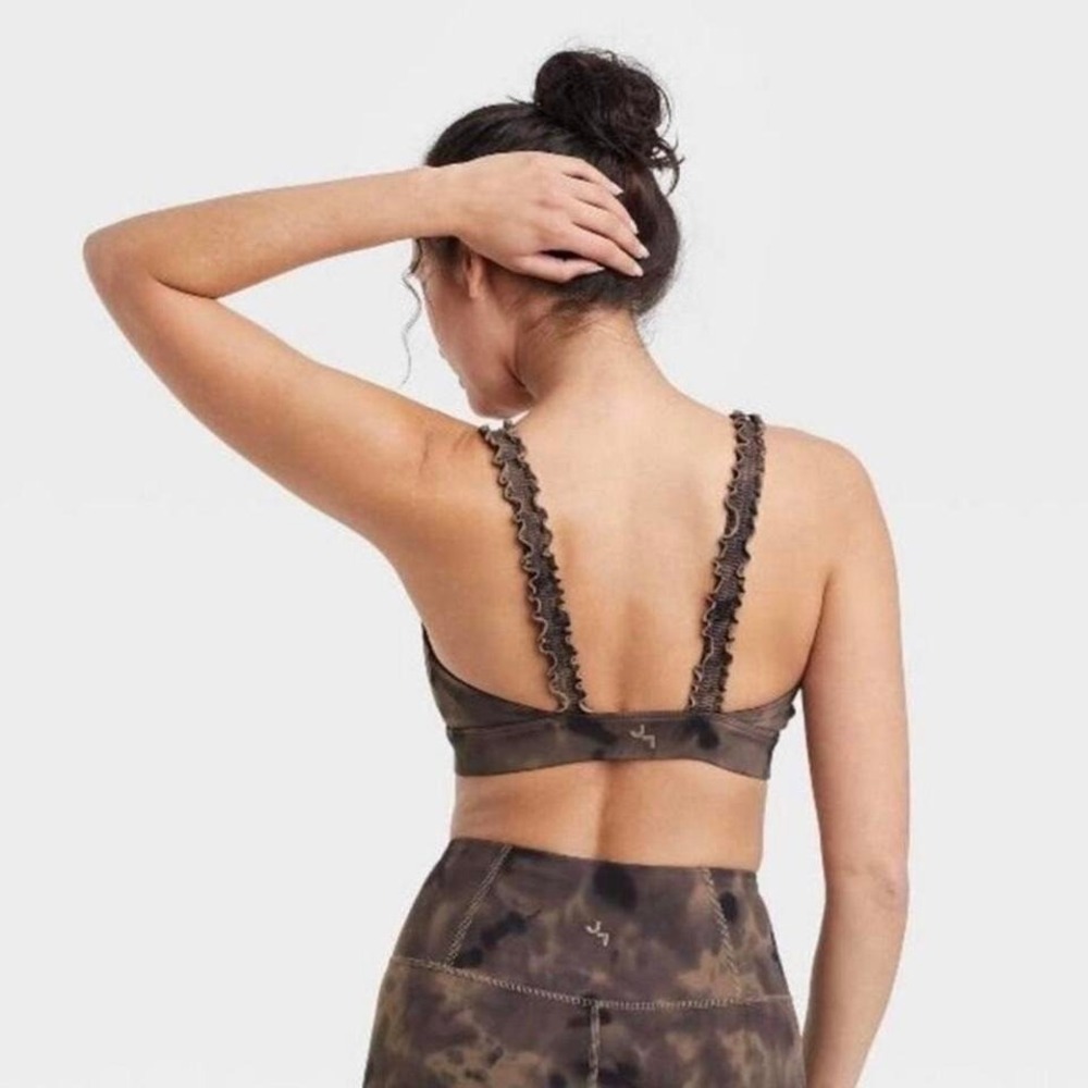 Joy Lab Spray Dye Sports Bra Size M Brown Black Ruffle Trim Straps Fairy Grunge - Picture 2 of 8